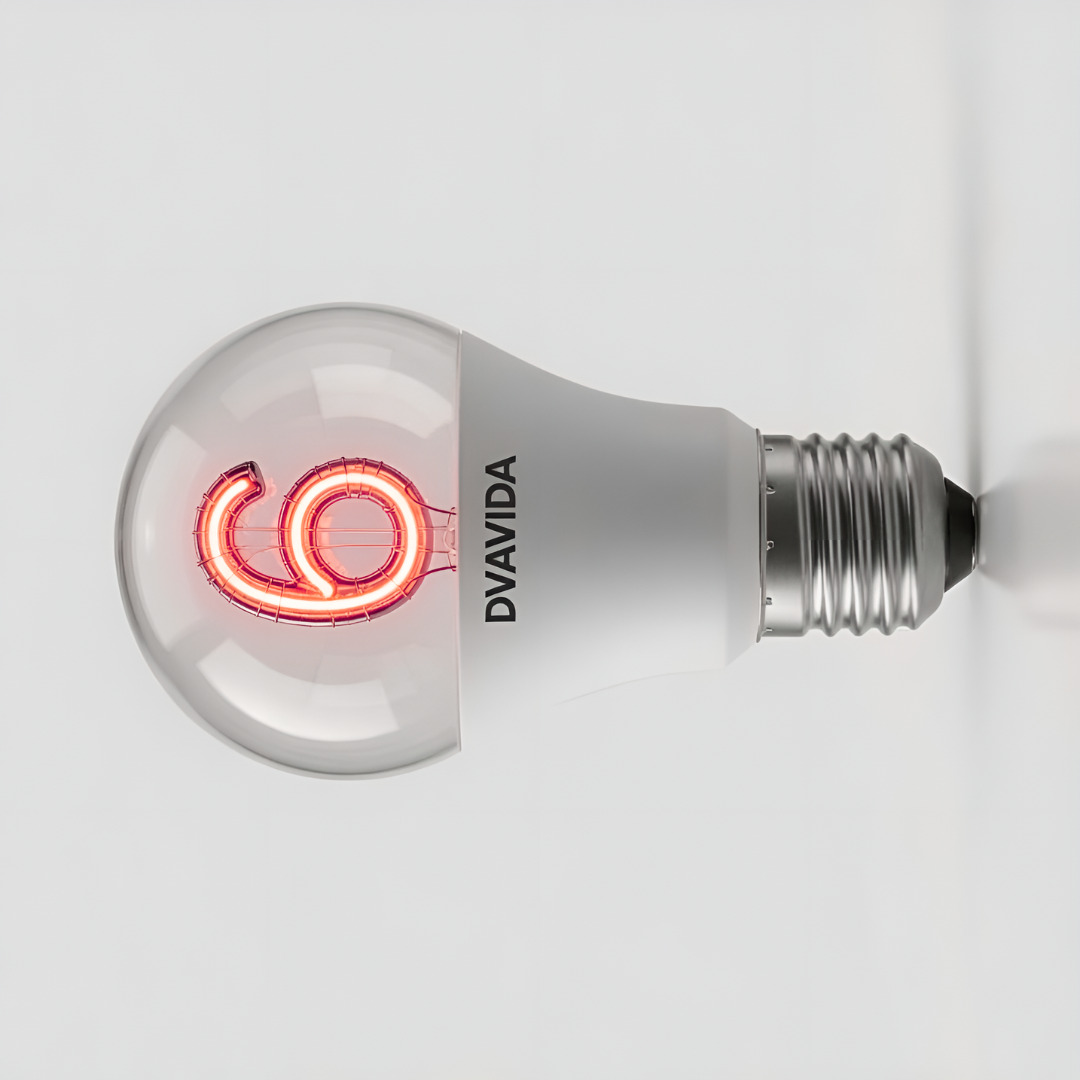 A light bulb featuring an flipped 6-shaped heating filament.